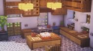 Some highlights of this kitchen are the item frames with food, the light fixtures, and the trapdoor windows (Image via magzhouse)